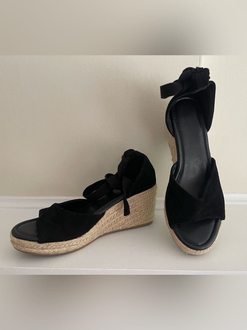 Black Ankle-Tie Espadrille Wedge Sandals